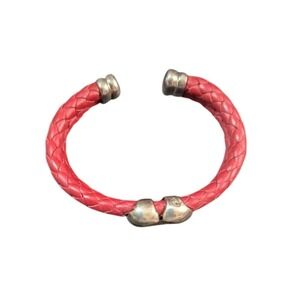 vintage Braided Red Leather Cuff Bracelet With Sterling Silver Heart Clasp and a